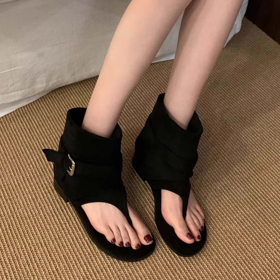 BRGZLK Toe Post Cowboy Boots for Women Trendy Retro Boho Chunky Heel Open Toe Versatile Sandals Non-Slip Flat Beach Footwear 2026 Black 39