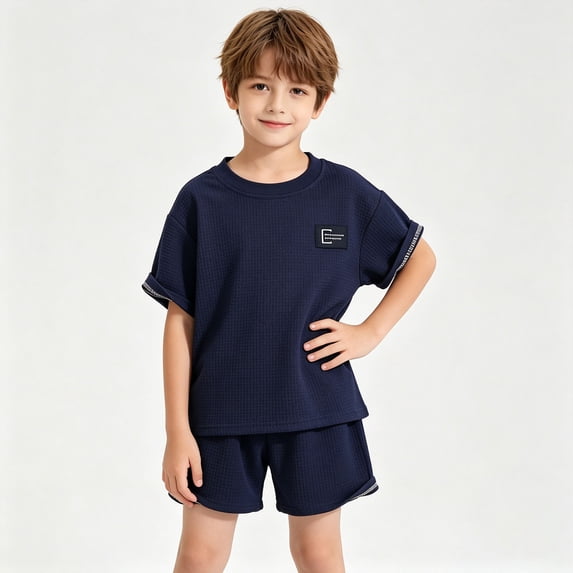 BRGZLK Tracksuit Sets for Boys 2 Piece Outfits Summer 2026 Trendy Waffle Short Sleeve Round Neck Tees and Waist Shorts Loose Breathable Set for Outdoor Dark Blue 11-12Y