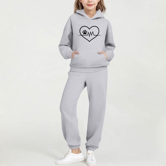 BRGZLK Trendy Girls Outfits Bow Print Round Neck Long Sleeve Hooded Sweatshirt Regular Shoulder Sweatshirt with Pocket Sweatshirt and Sweatpants Two Pieces Set Gray 9-10 Years
