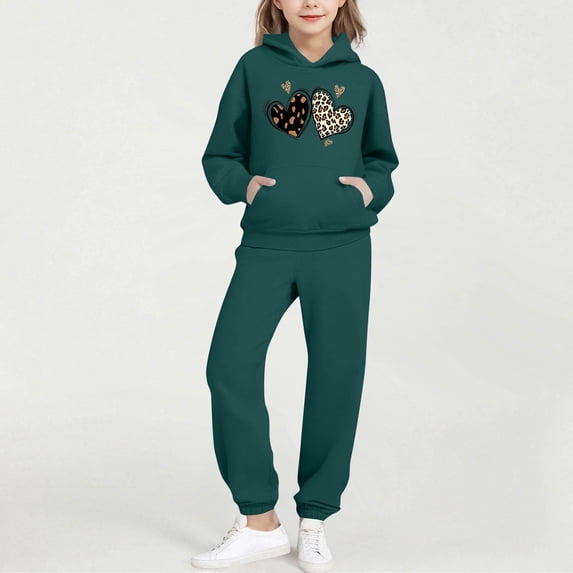 BRGZLK Trendy Girls Outfits Bow Print Round Neck Long Sleeve Hooded Sweatshirt Regular Shoulder Sweatshirt with Pocket Sweatshirt and Sweatpants Two Pieces Set Green 2-3 Years