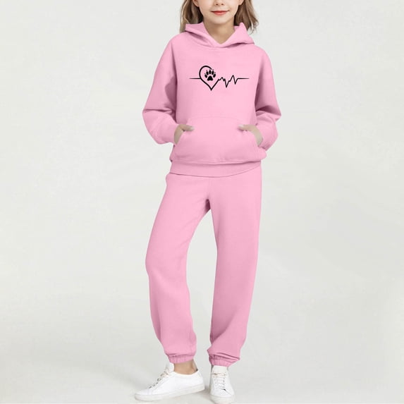BRGZLK Trendy Girls Outfits Bow Print Round Neck Long Sleeve Hooded Sweatshirt Regular Shoulder Sweatshirt with Pocket Sweatshirt and Sweatpants Two Pieces Set Pink 11-12 Years
