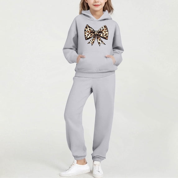 BRGZLK Trendy Girls Outfits Bow Print Round Neck Long Sleeve Hooded Sweatshirt Regular Shoulder Sweatshirt with Pocket Sweatshirt and Sweatpants Two Pieces Set Gray 2-3 Years