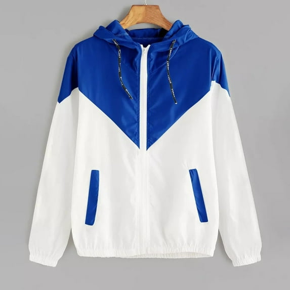 BRGZLK Trendy Jackets for Women Fall Fashion Color-Blocked Long Sleeved Elastic Waist Hooded Casual Jacket with Pocket Blue S