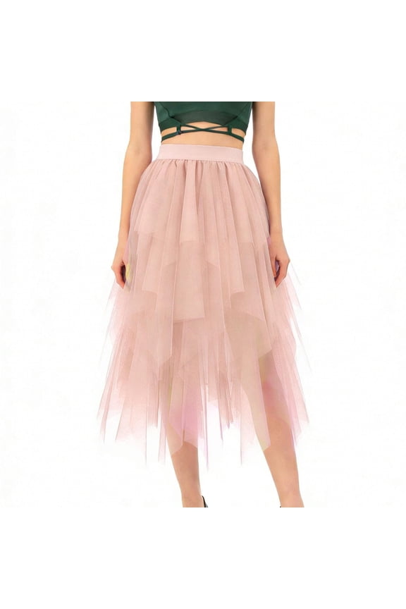 Tulle Skirts for Girls Summer Solid Color High Elastic Waist Tiered High Low Layered Irregular A-Line Midi Skirt Flowy Swing Fairy Tutu Skirt Pink 4-5 Years