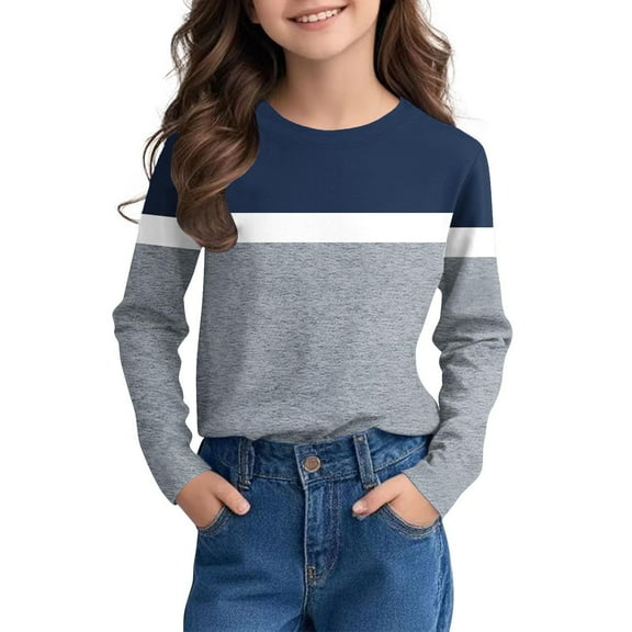 BRGZLK Tween Girls Fall Tops Trendy Striped Color-Blocked Long Sleeved Blouse Soft Comfortable Round Neck Pullover Base T-Shirt Navy 9-10 Years