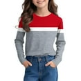 thumbnail image 1 of BRGZLK Tween Girls Fall Tops Trendy Striped Color-Blocked Long Sleeved Blouse Soft Comfortable Round Neck Pullover Base T-Shirt Red 9-10 Years, 1 of 6