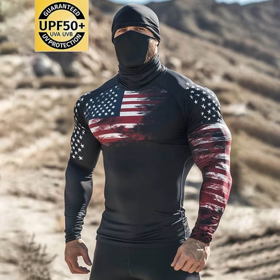 BRGZLK UPF 50+ Long Sleeve Shirt for Mens 2026 Summer Fashuion Print Long Sleeve Lightweight Breathable Sun Protection Shirts with Face Mask for Fishing Hiking A XL