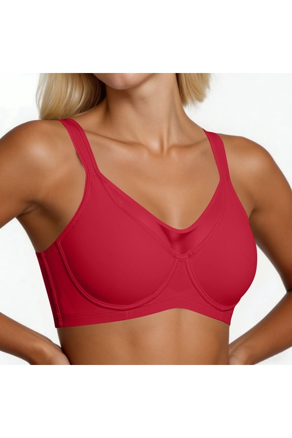 Underwire Bra for Women 2026 Mesh Patchwork Plus Size C Cup Seamless Full Coverage V Neck Everyday Bras with Adjustable Straps Red 40C