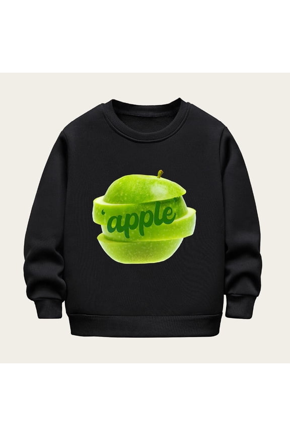 Unisex Kids Fleece Crewneck Sweatshirt Cute Apple Printed Thermal Top Soft Comfortable Mid-Weight Long Sleeve Pullover Black 3-4 Years
