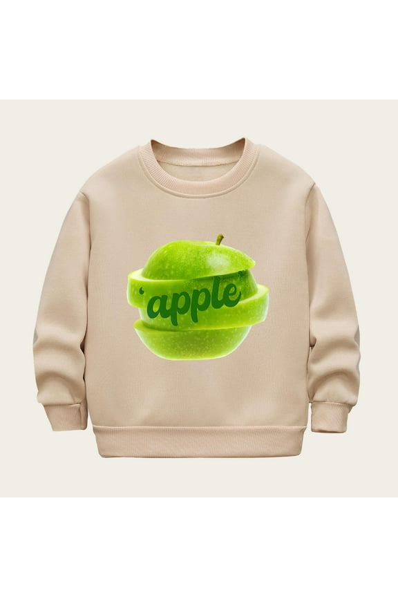 Unisex Kids Fleece Crewneck Sweatshirt Cute Apple Printed Thermal Top Soft Comfortable Mid-Weight Long Sleeve Pullover Khaki 7-8 Years