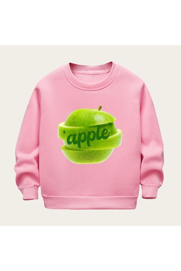 Unisex Kids Fleece Crewneck Sweatshirt Cute Apple Printed Thermal Top Soft Comfortable Mid-Weight Long Sleeve Pullover Pink 5-6 Years