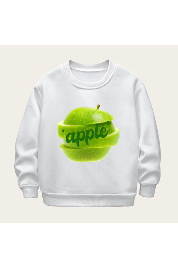 Unisex Kids Fleece Crewneck Sweatshirt Cute Apple Printed Thermal Top Soft Comfortable Mid-Weight Long Sleeve Pullover White 9-10 Years