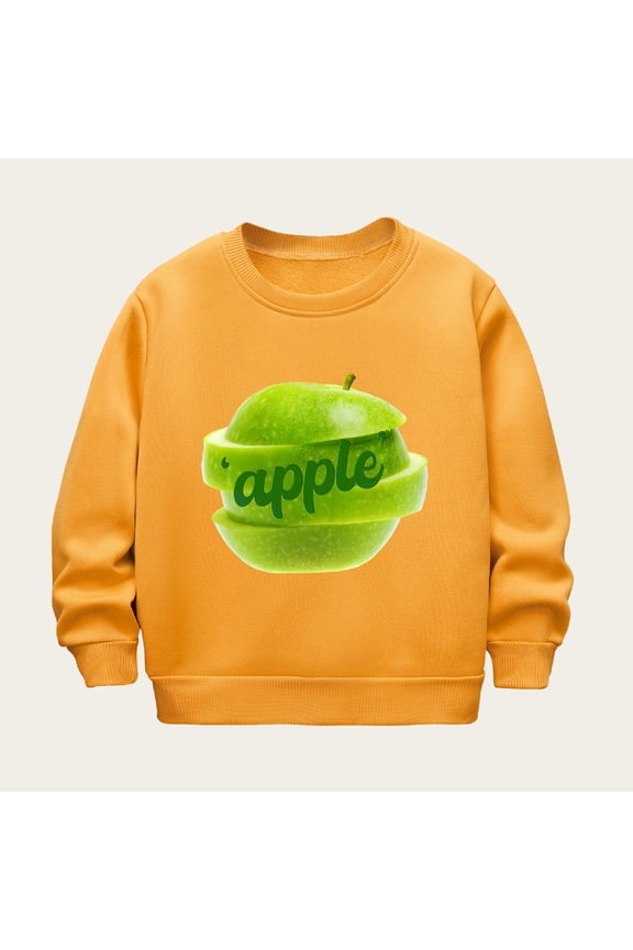 Unisex Kids Fleece Crewneck Sweatshirt Cute Apple Printed Thermal Top Soft Comfortable Mid-Weight Long Sleeve Pullover Yellow 7-8 Years