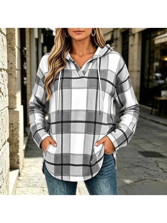 V Neck Hoodies for Women Stylish Plaid Long Sleeve Drawstring Pullover Sweatshirts Oversized Soft Cozy Casual Warm Winter Tunic Tops Gray 2XL