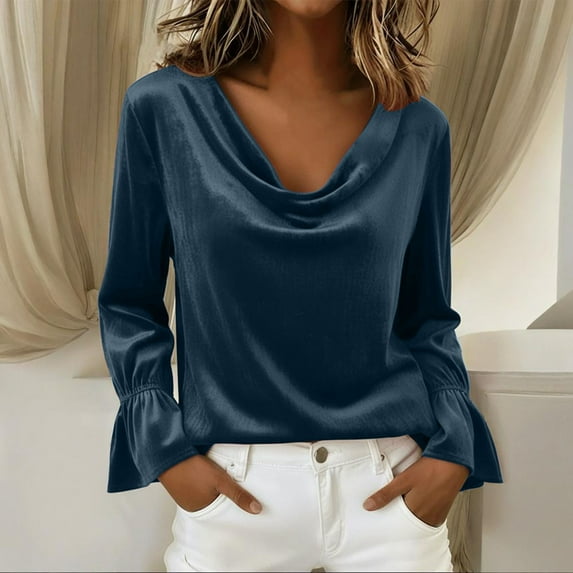 BRGZLK Velvet Blouses for Womens Solid Color Temperament Velvet Bell Sleeve Simple Tops for Business Cocktail Evening Party Navy L