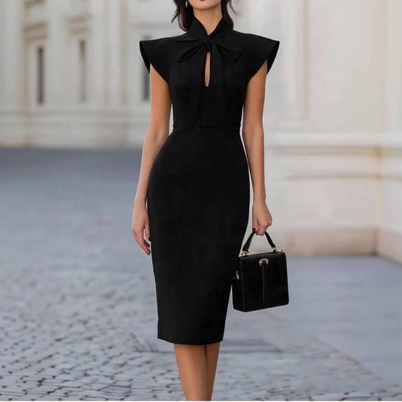 BRGZLK Vintage Bodycon Dress for Women Keyhole Neck High Waisted Church Ruffle Cap Sleeve Solid Color Slim Fit Ruched Dresses Ladies Trendy Midi Pencil Dress Black