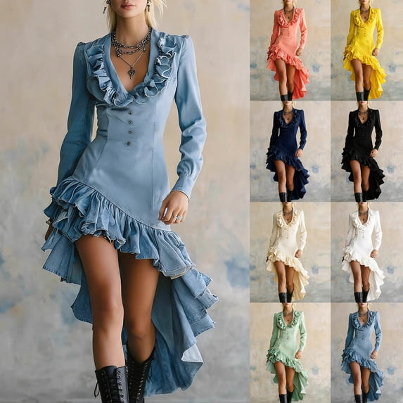 BRGZLK Vintage Dress For Women Elegant Classy V-Neck Long Sleeved Ruffled Victorian Solid Color Dresses Western Cowgirl Outfits High Low Dresses