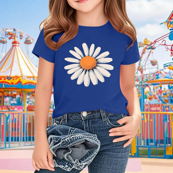 BRGZLK Vintage Floral T Shirt for Girls Spring Summer Casual Daisy Print Round Neck Short Sleeve Summer Casual Kids Pullover Base Layer TShirt Blue 2-3 Years