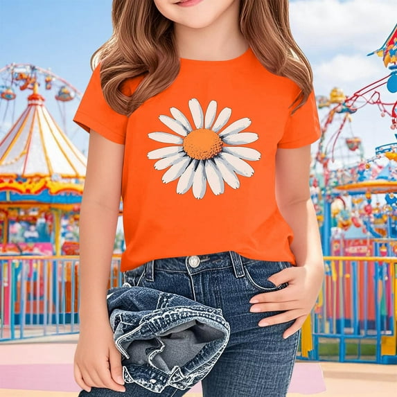 BRGZLK Vintage Floral T Shirt for Girls Spring Summer Casual Daisy Print Round Neck Short Sleeve Summer Casual Kids Pullover Base Layer TShirt Orange 13-14 Years