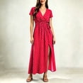 thumbnail image 1 of BRGZLK Vintage Maxi Dress for Women Trendy Polka Dot V Neck Short Sleeve High Waist Elegant Flowy Dresses Comfy Slit Casual Daily Wear Outing Clothes Red, 1 of 4