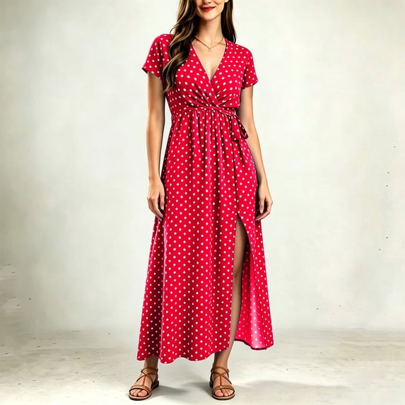 BRGZLK Vintage Maxi Dress for Women Trendy Polka Dot V Neck Short Sleeve High Waist Elegant Flowy Dresses Comfy Slit Casual Daily Wear Outing Clothes Red