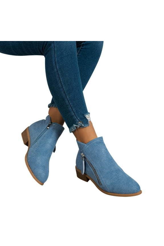 Vintage Women Slip On Boots Pointed Toe Round Thick Heel Solid Low Cut Side Zipper Short Shoes