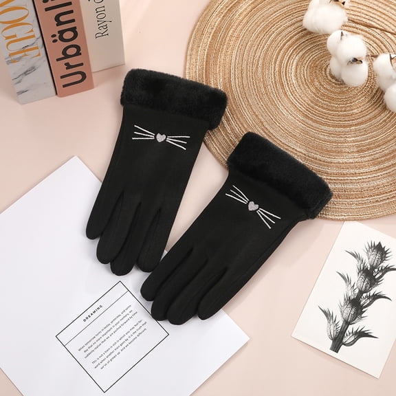 BRGZLK Warm Gloves Women Autumn Winter Lovely Cat Embroidery Fleece Lined Thickened Cold Proof Riding Thermal Suede Touchscreen Glove Black One Size