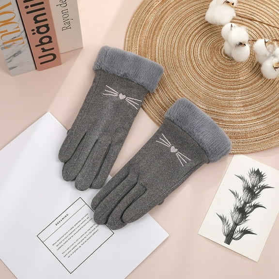 BRGZLK Warm Gloves Women Autumn Winter Lovely Cat Embroidery Fleece Lined Thickened Cold Proof Riding Thermal Suede Touchscreen Glove Gray One Size