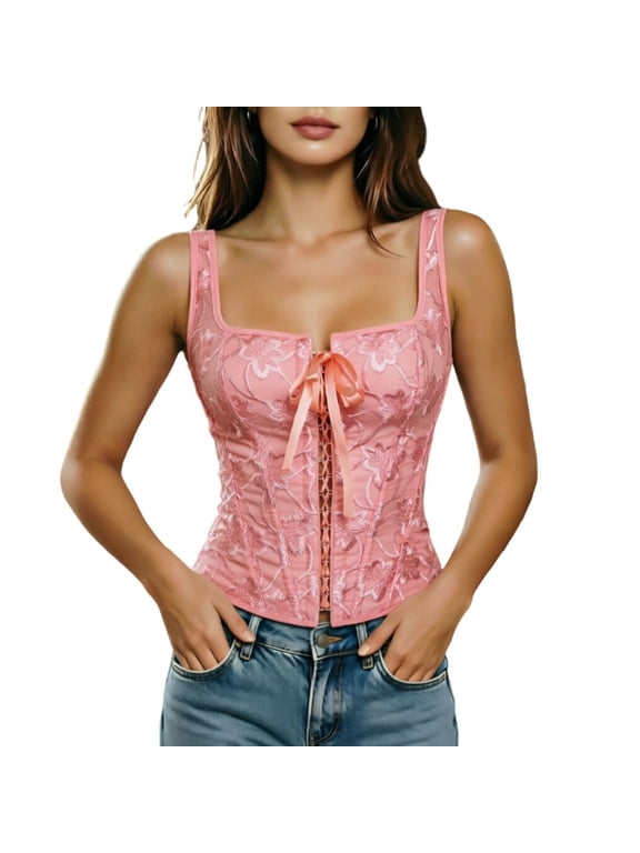 Western Floral Corset for Women Y2K Square Neck Wide Strap Lace Up Crop Tank Top Going Out Bustier Halloween Renaissance Bustier Pink XL