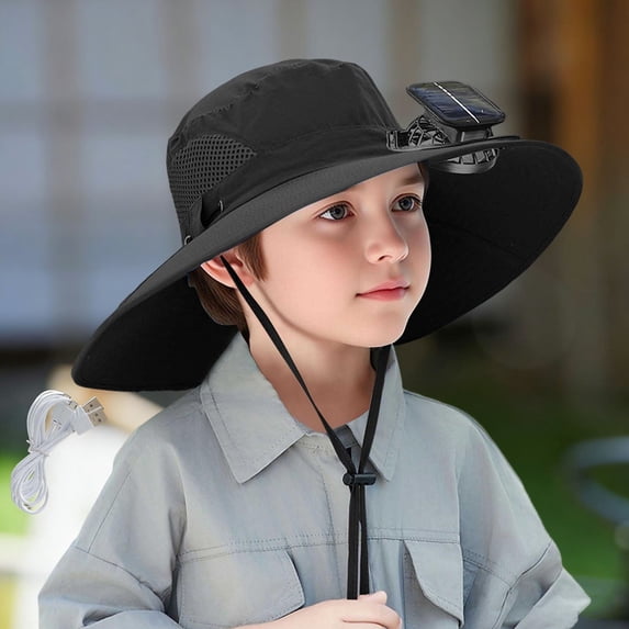 BRGZLK Wide Brim Solar Fan Hat for Kids Summer Cooling Quick Drying Solar USB Charging Adjustable Sun Protection Hat Black Free Size