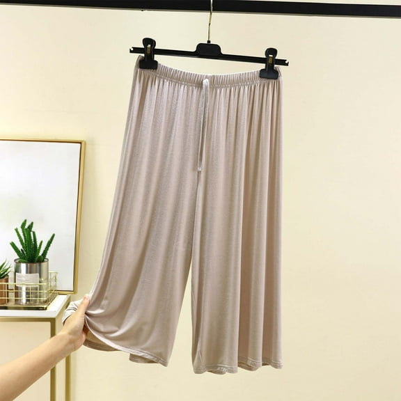 BRGZLK Wide Leg Capri Pants For Women Plus Size Solid Color Elastic Waist Drawst Leisure Home Trousers Beige XXL