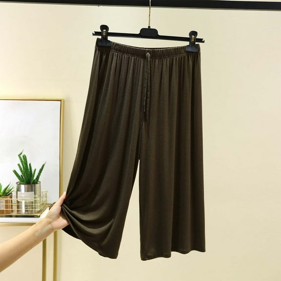 BRGZLK Wide Leg Capri Pants For Women Plus Size Solid Color Elastic Waist Drawst Leisure Home Trousers Green XXL