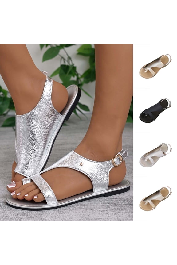 Wide Width Flat Sandals For Women Casual Summer Outdoor Comfortable Exposed Toe Clip Toe Straight Buckle Summer Shoes with Adjustable Ankle Strap