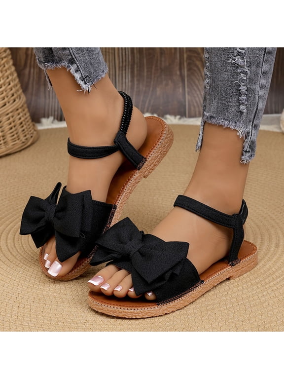 Wide Width Wedge Sandals for Women Summer 2026 Adjust Ankle Strap Cute Bowknot Casual Platform Espadrille Dressy Flat Sandals Black 6