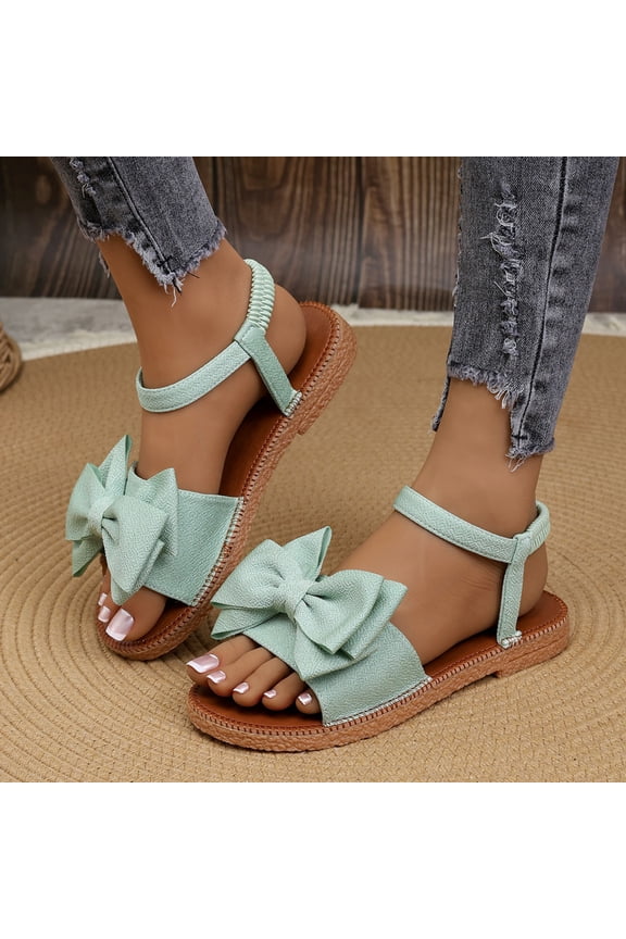 Wide Width Wedge Sandals for Women Summer 2026 Adjust Ankle Strap Cute Bowknot Casual Platform Espadrille Dressy Flat Sandals Green 7