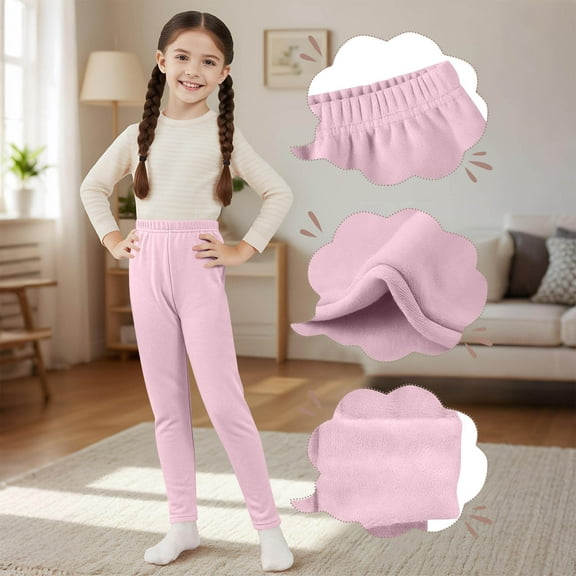BRGZLK Winter Fleece Lined Leggings for Kids Fall Winter Fashion Solid High Waist Thick Thermal Basic Full-Length Tights Pants Pink 12-13 Years