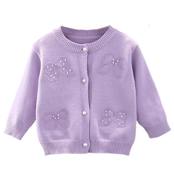 BRGZLK Winter Girls' Knitted Sweater Pearl Decor Cute Cardigan Sweaters Long Sleeve Button Down Cozy Outerwear Purple 1-2 Years