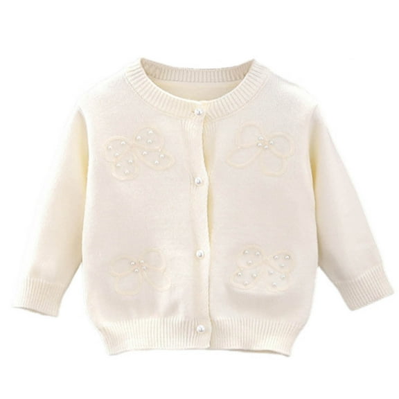 BRGZLK Winter Girls' Knitted Sweater Pearl Decor Cute Cardigan Sweaters Long Sleeve Button Down Cozy Outerwear White 7-8 Years
