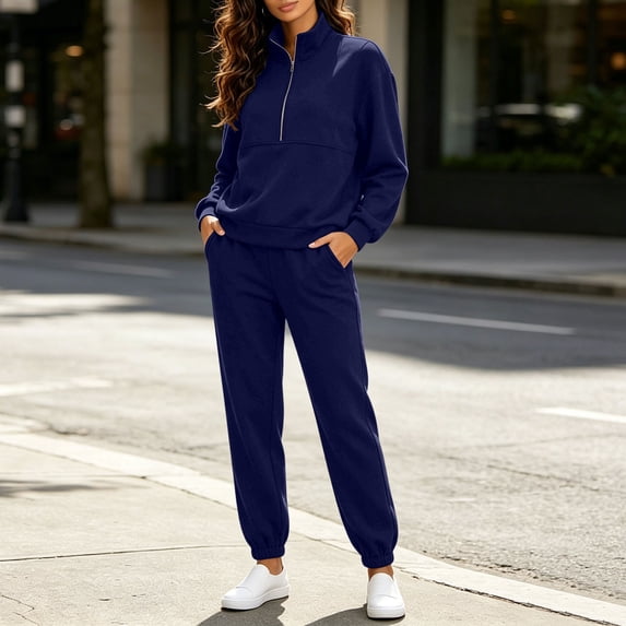 BRGZLK Women 2 Piece Outfits Casual Solid Color Stand Collar Half Zip Sweatshirts and Jogger Pants Tracksuit Sets Fashion Matching Set Fall Winter Clothes Navy L