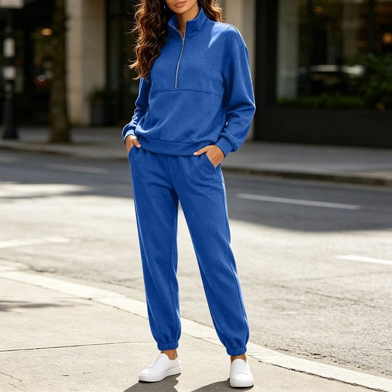 BRGZLK Women 2 Piece Outfits Casual Solid Color Stand Collar Half Zip Sweatshirts and Jogger Pants Tracksuit Sets Fashion Matching Set Fall Winter Clothes Blue XL