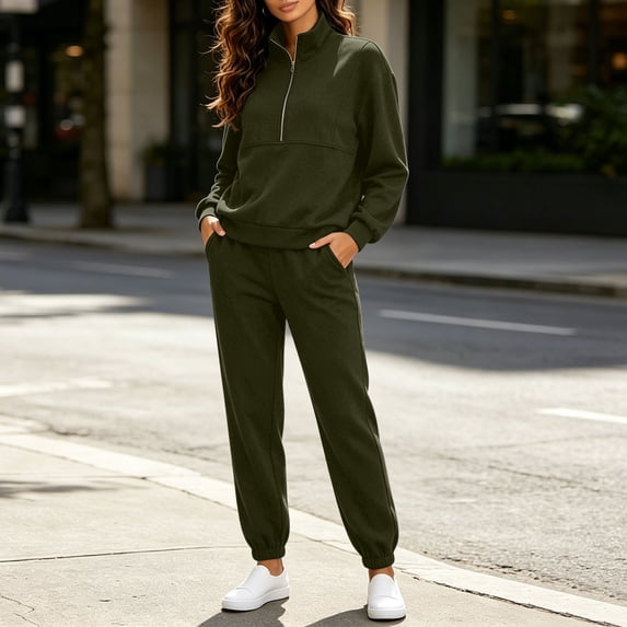 BRGZLK Women 2 Piece Outfits Casual Solid Color Stand Collar Half Zip Sweatshirts and Jogger Pants Tracksuit Sets Fashion Matching Set Fall Winter Clothes Army Green M