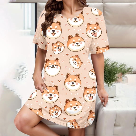 BRGZLK Women 2025 Noverly Style Loose Round Neck Lovely Animal Print Large Size Short Sleeve Home Short Nightgown Yellow XL