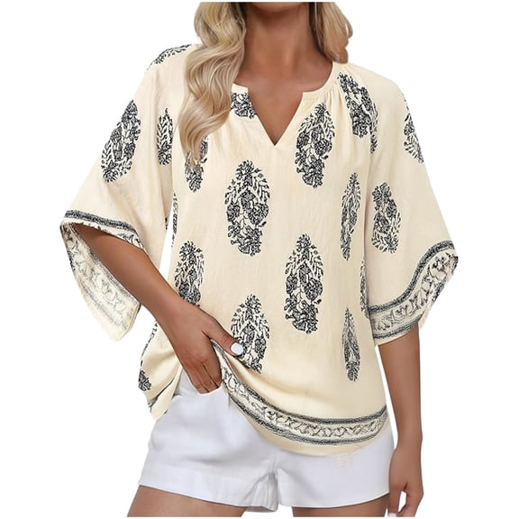 BRGZLK Women 3/4 Sleeve V Neck Bohemian Shirt Casual Loose Top Trendy Loose Fit Tunic Tops Beige L