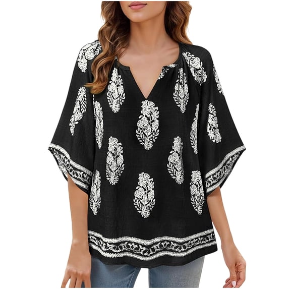 BRGZLK Women 3/4 Sleeve V Neck Bohemian Shirt Casual Loose Top Trendy Loose Fit Tunic Tops Black XXL