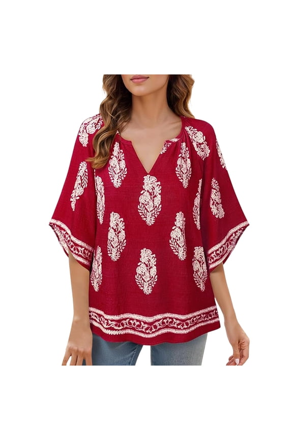 Women 3/4 Sleeve V Neck Bohemian Shirt Casual Loose Top Trendy Loose Fit Tunic Tops Red XXL