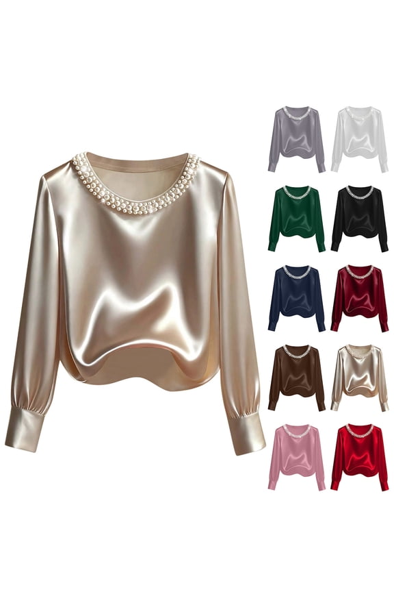 Women Blouses Dressy Casual Long Sleeve Shirts Solid Color Satin Silk Crop Shirts For Work Crew Neck Elegant Tops with Pearl Fashion
