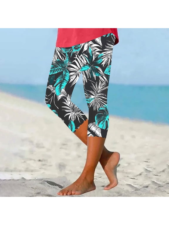 Women Capri Pants Summer Stretch Casual Fashion All-Over Print Wave Design Soft Comfortable Slim Fit Yoga Base Capri Pants Green M
