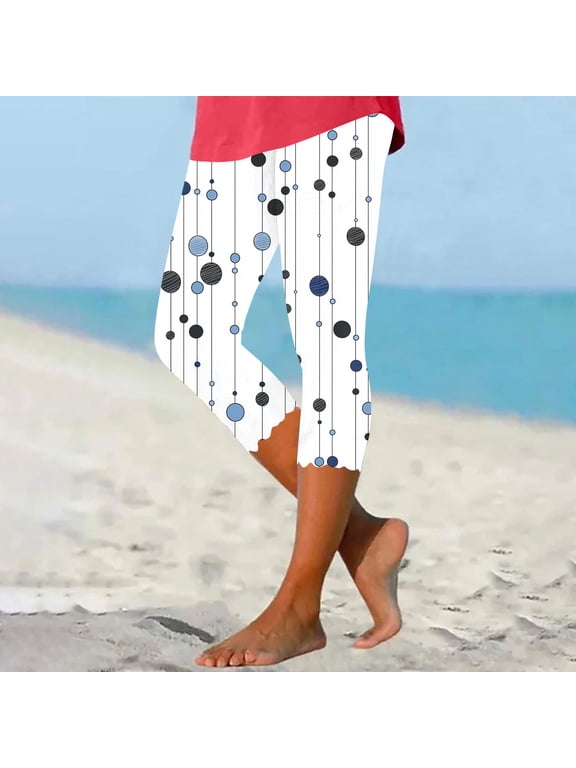 Women Capri Pants Summer Stretch Casual Fashion All-Over Print Wave Design Soft Comfortable Slim Fit Yoga Base Capri Pants Navy M