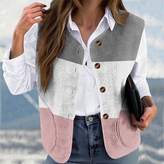 BRGZLK Women Casual Fuzzy Vest Waistcoat Winter Daily Print Loose Color Blocking No Collar Button Keep Warm Coat Pink L
