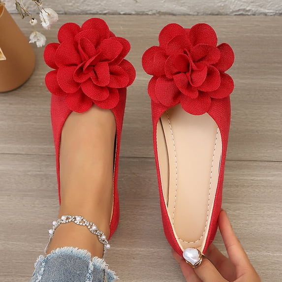 BRGZLK Women Causal Flats Solid Color Floral Design Point Toe Slip On Shallow Comfortable Ballet Shoes for Walking Dressy Driving Work Office Red 9
